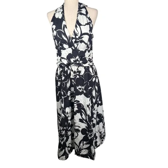 Boston Proper Halter Dress Women 14 Black White Floral Cotton Midi Summer Pocket - Picture 1 of 10